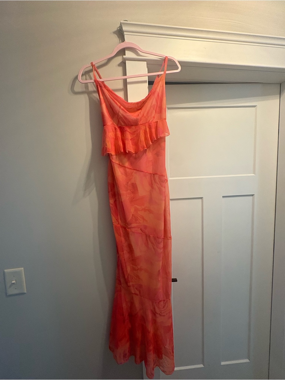 PrettyLittleThing Coral-Orange Ruffle Maxi Dress
